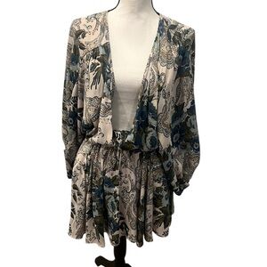 Free People Long Sleeve Dress in Blue and Cream